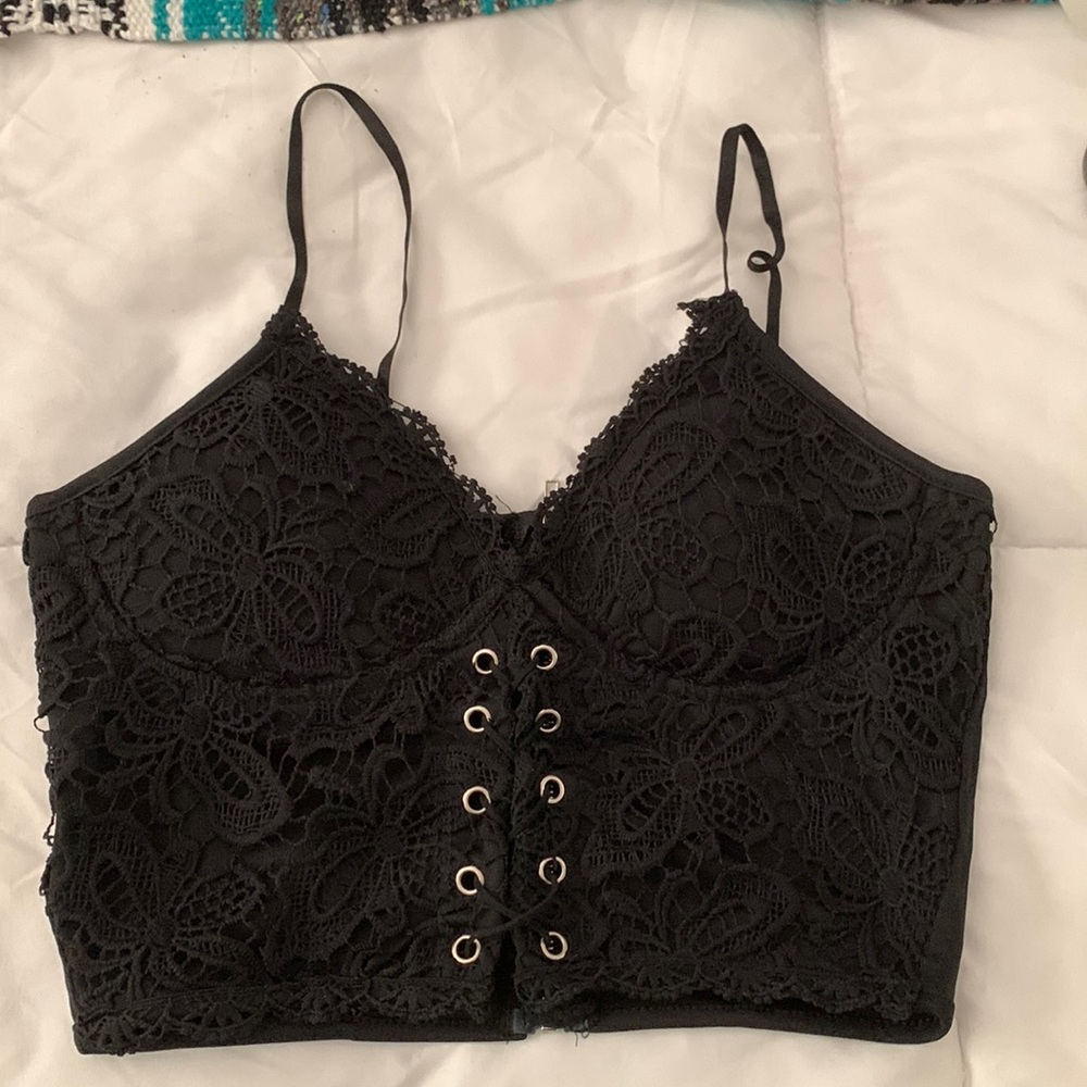 Black Lace Tie-Up Padded Crop Top Size S